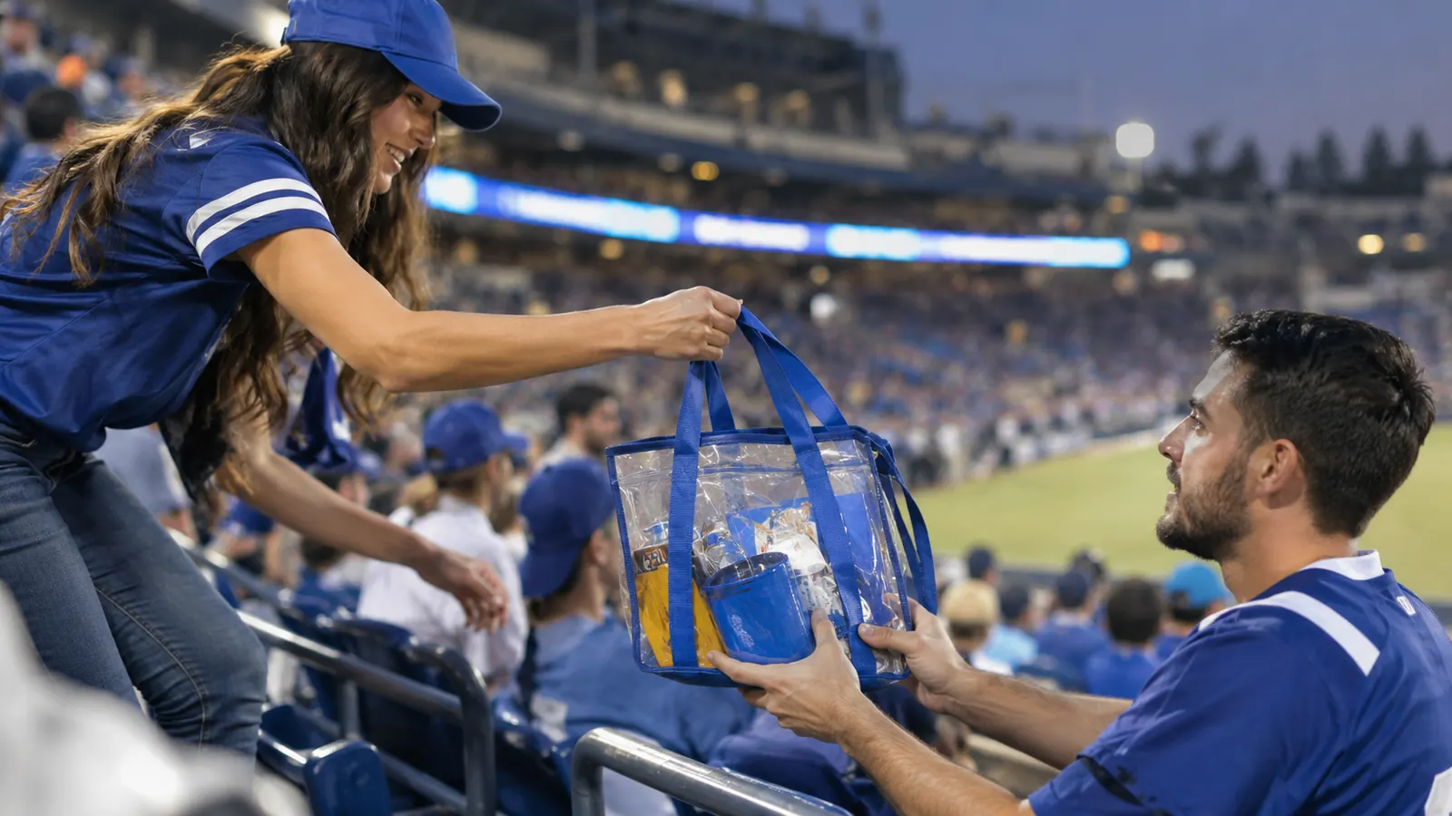 Two fans in team colors handing a clear stadium tote down a row of stadium seats