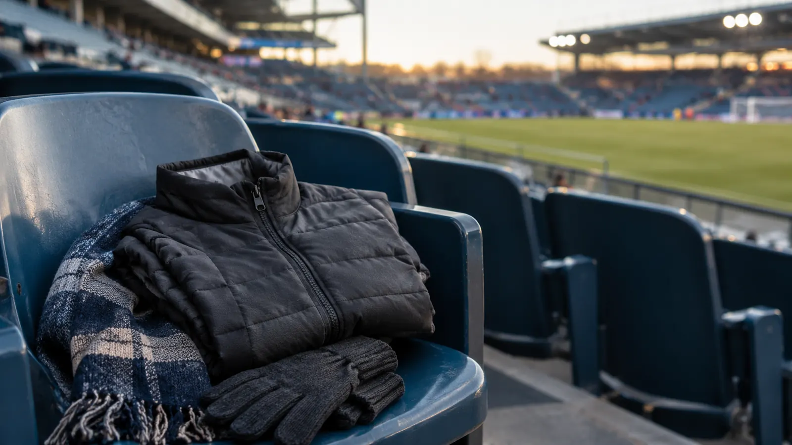 A folded heated vest resting on a stadium seat beside a scarf and gloves, the field blurred in the background