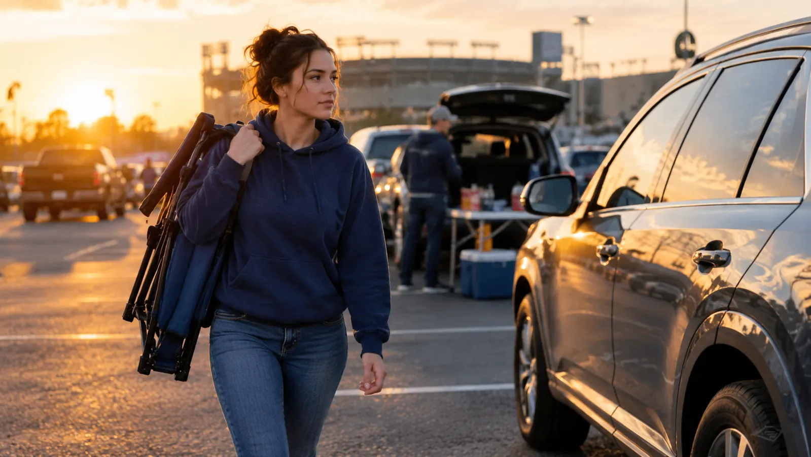 A woman in a team hoodie walking out of a stadium parking lot carrying the folded stadium seat over her shoulder