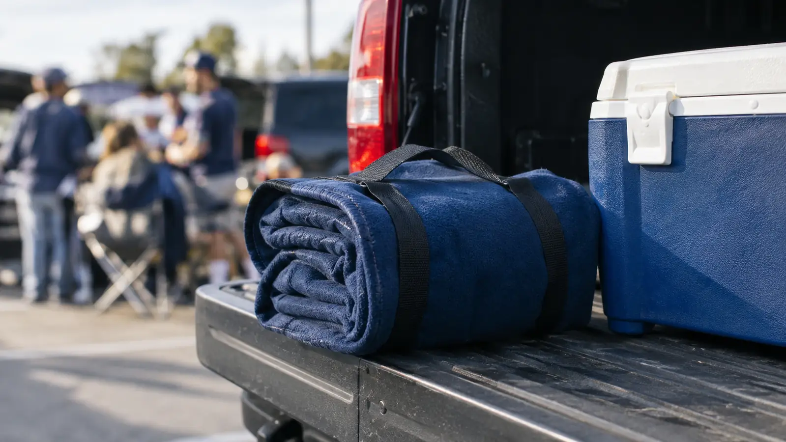 A folded stadium blanket with a carry strap resting on a tailgate next to a cooler