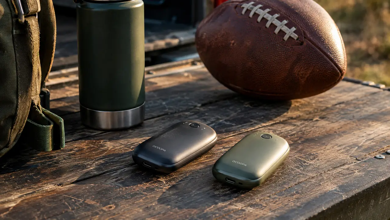 Two small rechargeable hand warmers on a tailgate table next to a thermos and a football