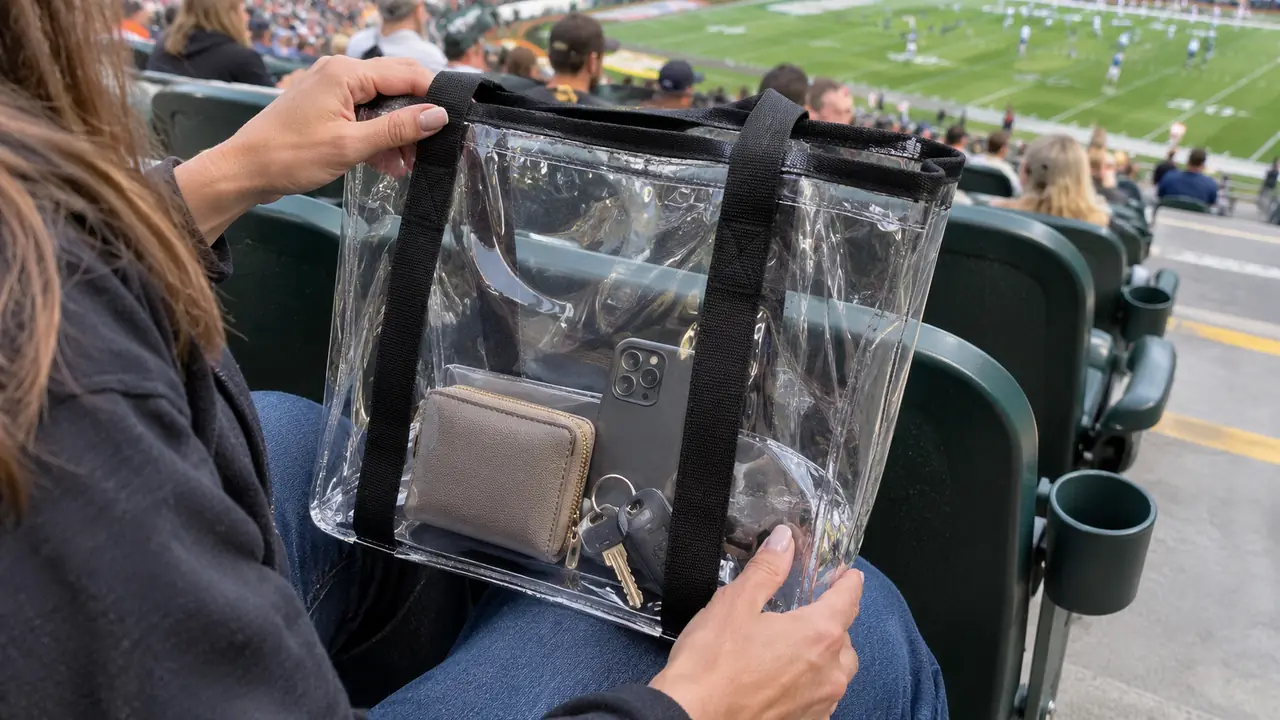 A clear tote bag sitting on a stadium seat with a small crossbody wallet, phone, and keys visible inside