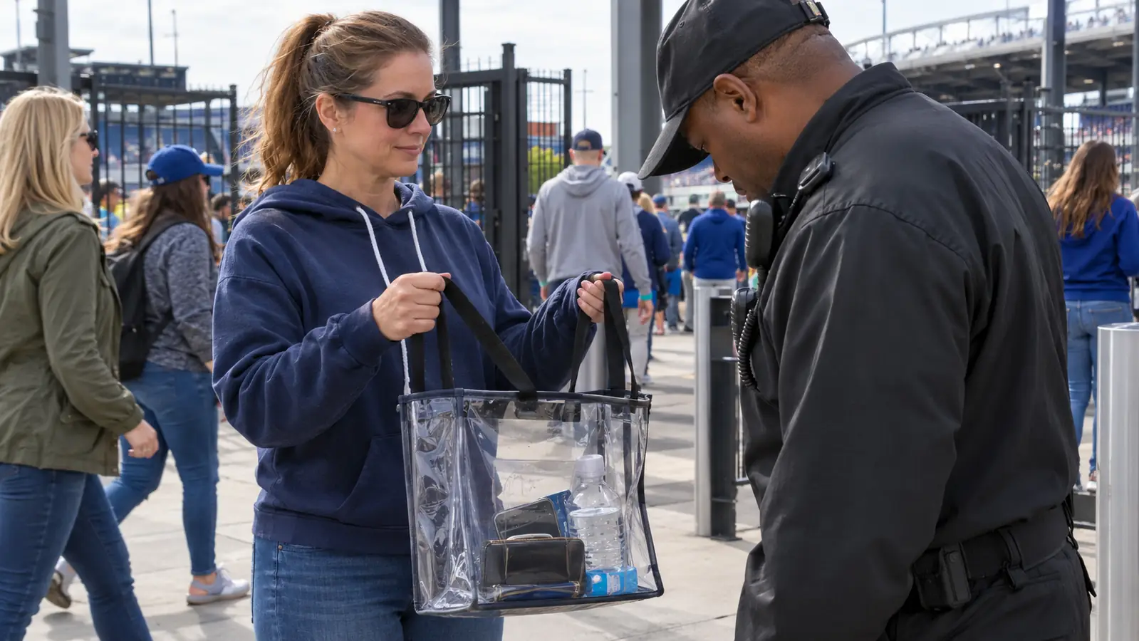 A woman in a team hoodie holding a clear tote bag open for a security check at a stadium gate