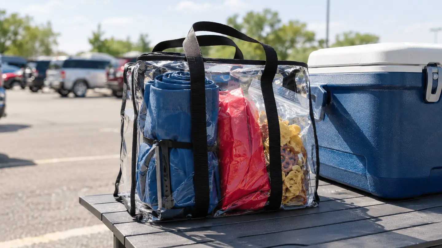 A clear tote bag packed with a stadium seat, a poncho, and a snack on a tailgate table next to a cooler