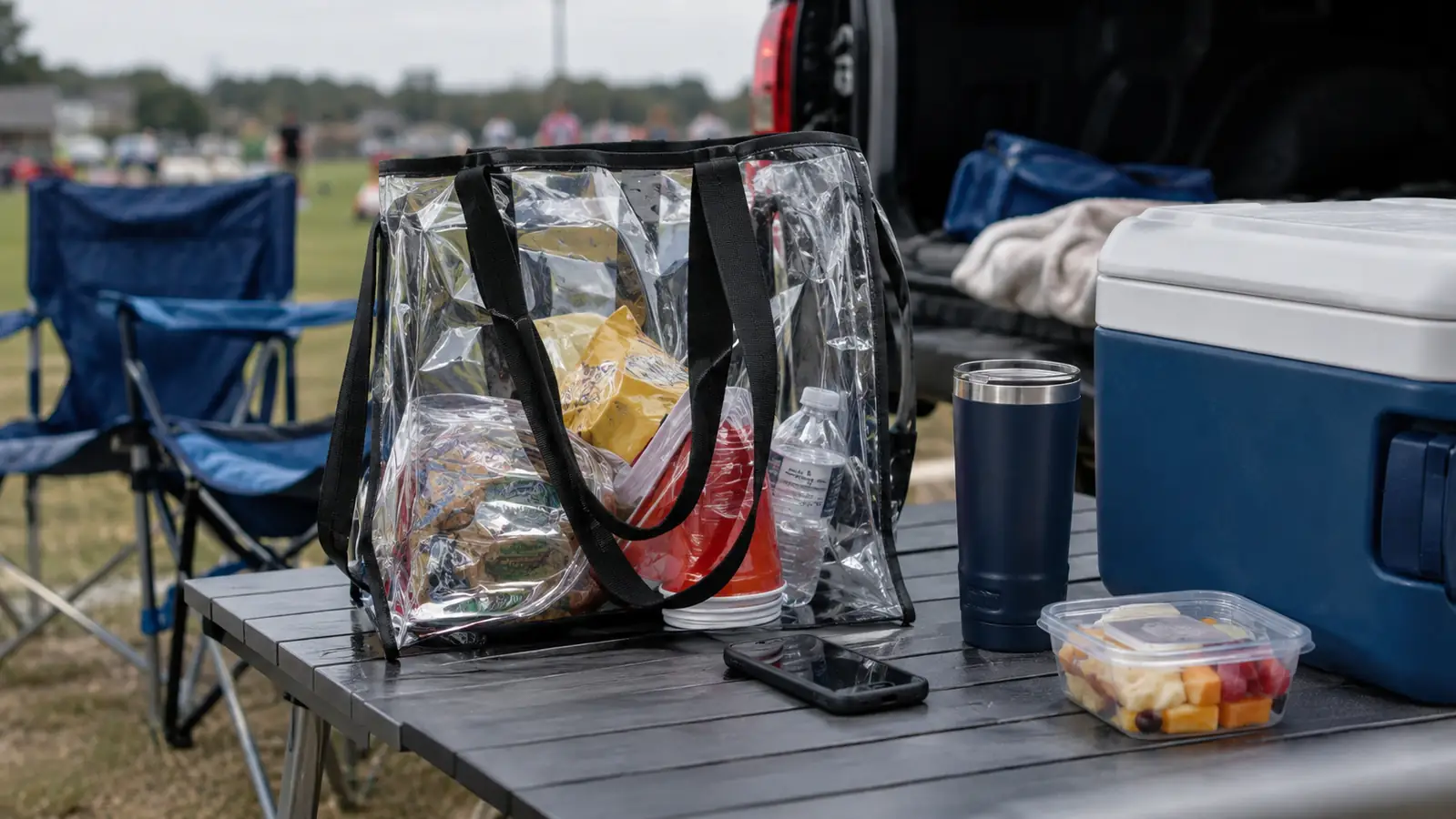 Open clear tote on a tailgate table with small pouches and game day essentials visible through the vinyl
