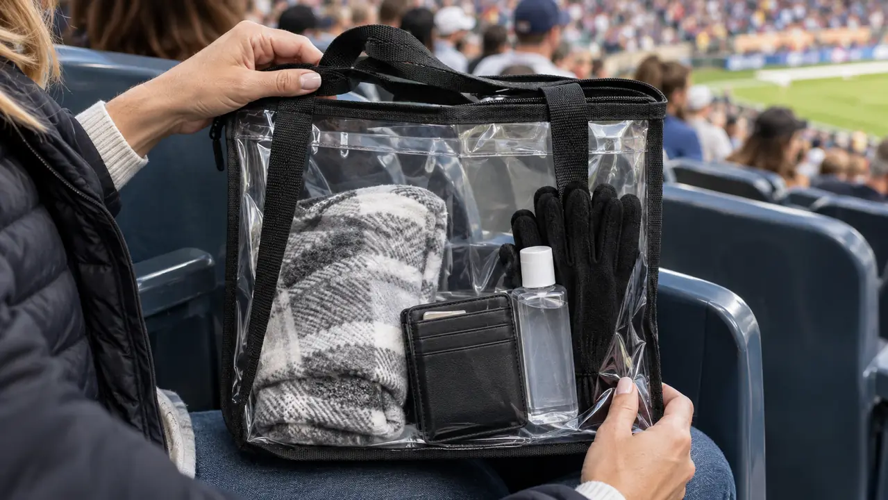 A clear stadium tote bag with its zipper open, showing neatly packed items inside, resting on a stadium seat