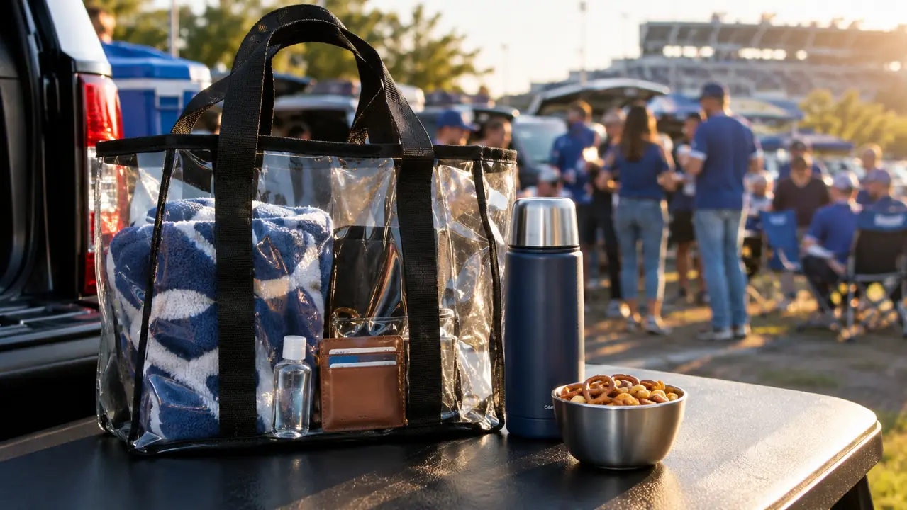 A clear stadium tote bag sitting on a tailgate table packed with game day essentials, with a thermos and snacks beside it