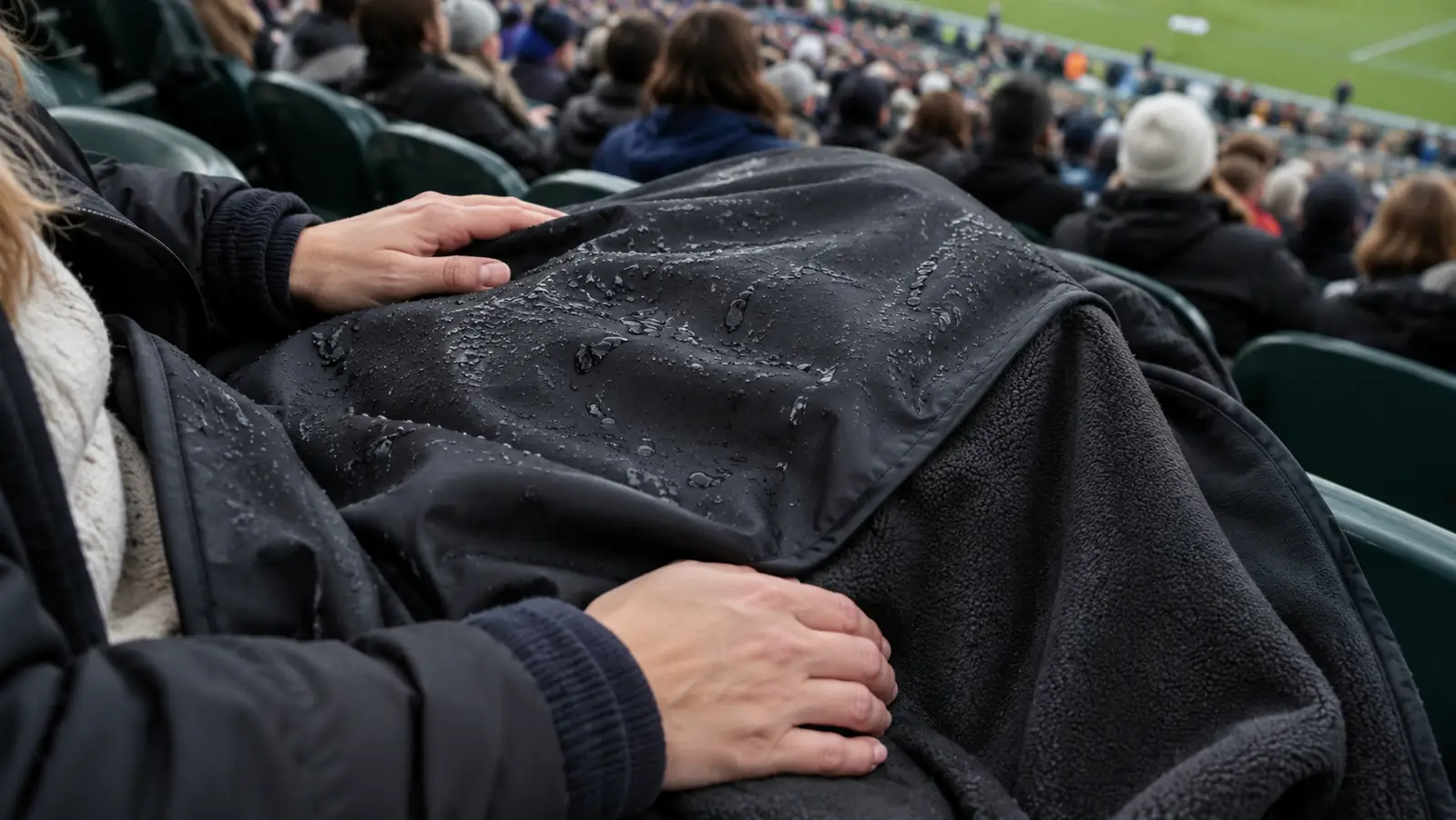 Water beading on the surface of a stadium blanket spread across a lap in the stands