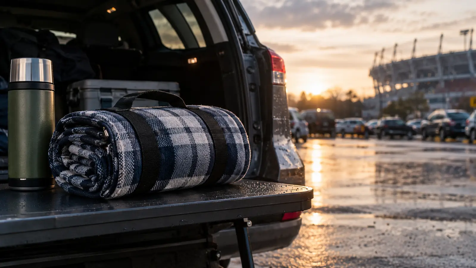 A folded stadium blanket with a carry strap on a tailgate table next to a thermos, a midsize SUV tailgate open in the background