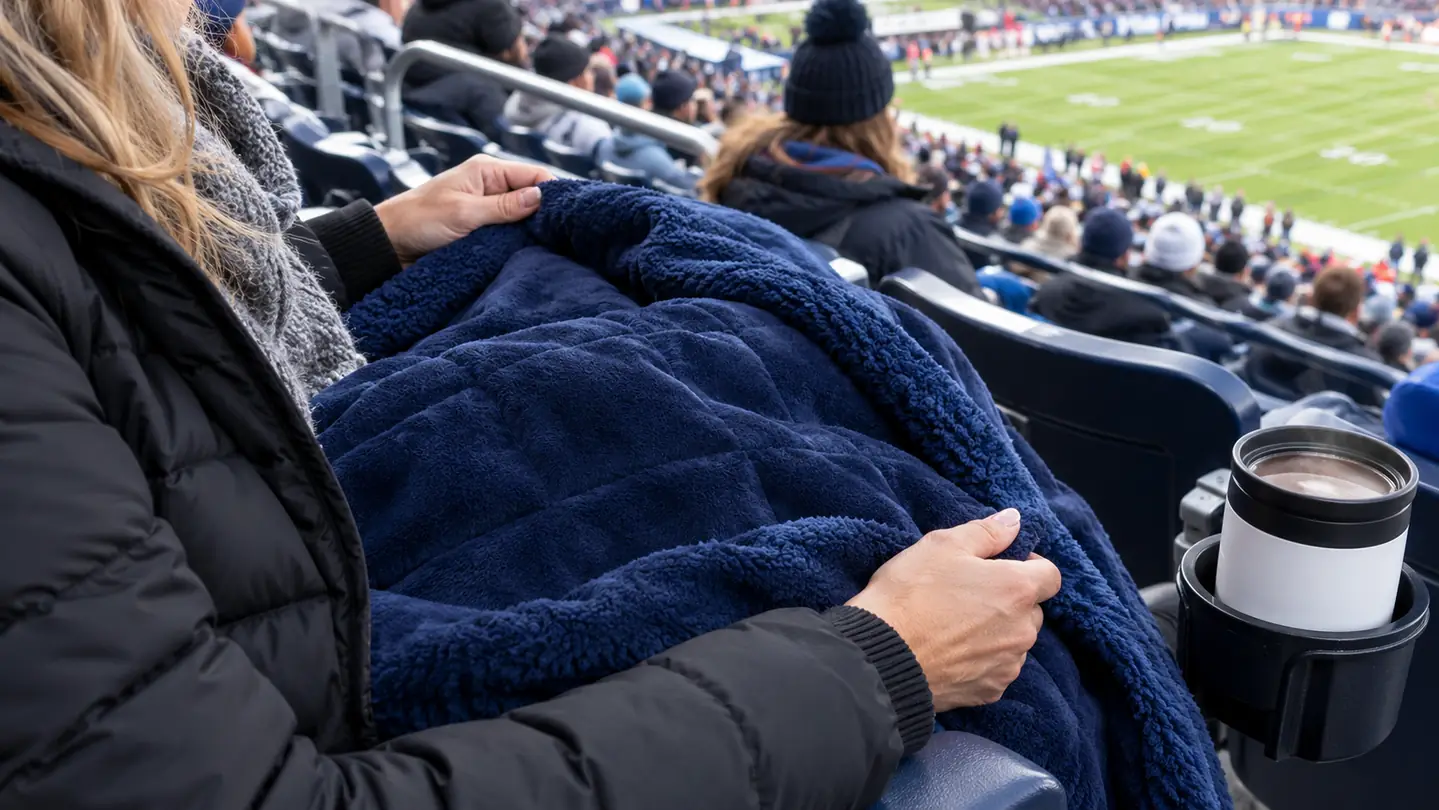 A stadium blanket spread over a lap in the stands with a hot drink beside it