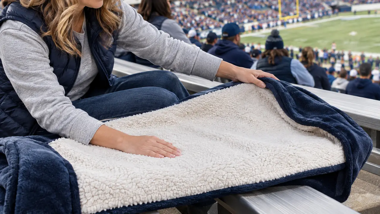 A hand smoothing the sherpa side of a stadium blanket across a bleacher seat