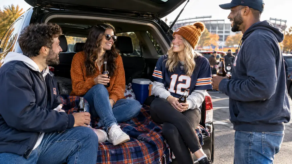 A stadium blanket spread on the tailgate of a midsize SUV at a tailgate with friends gathered