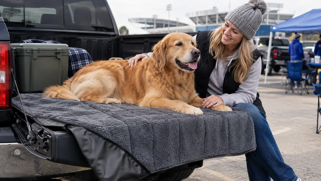 A large dog lying on a blanket with a waterproof backing spread over a tailgate table