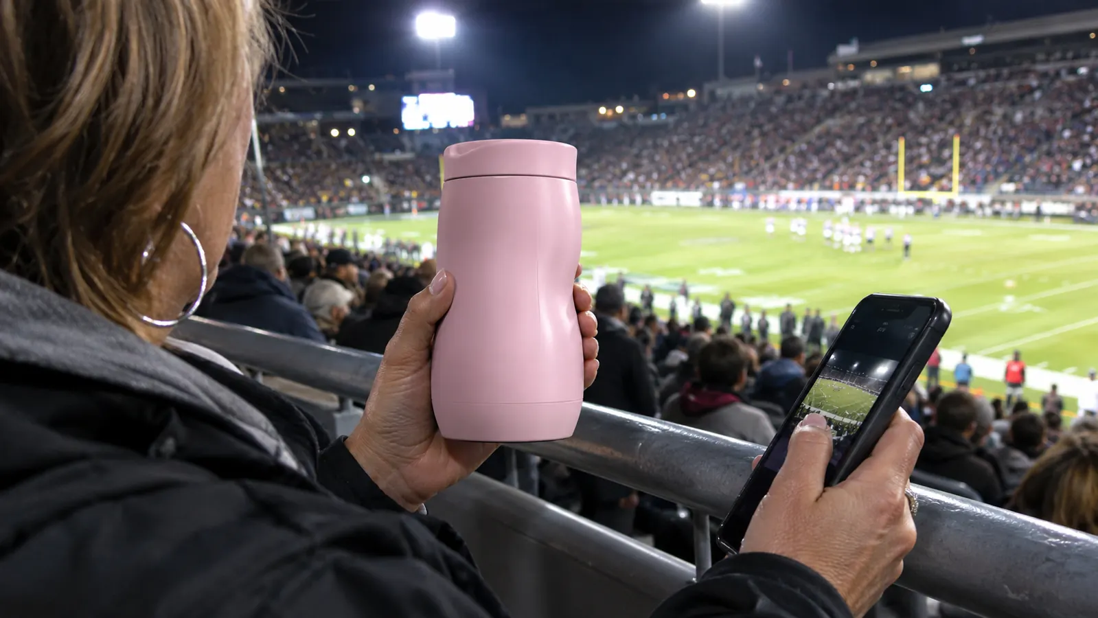 A hand holding a small rounded hand warmer over a metal stadium bleacher rail, with a phone screen glowing nearby