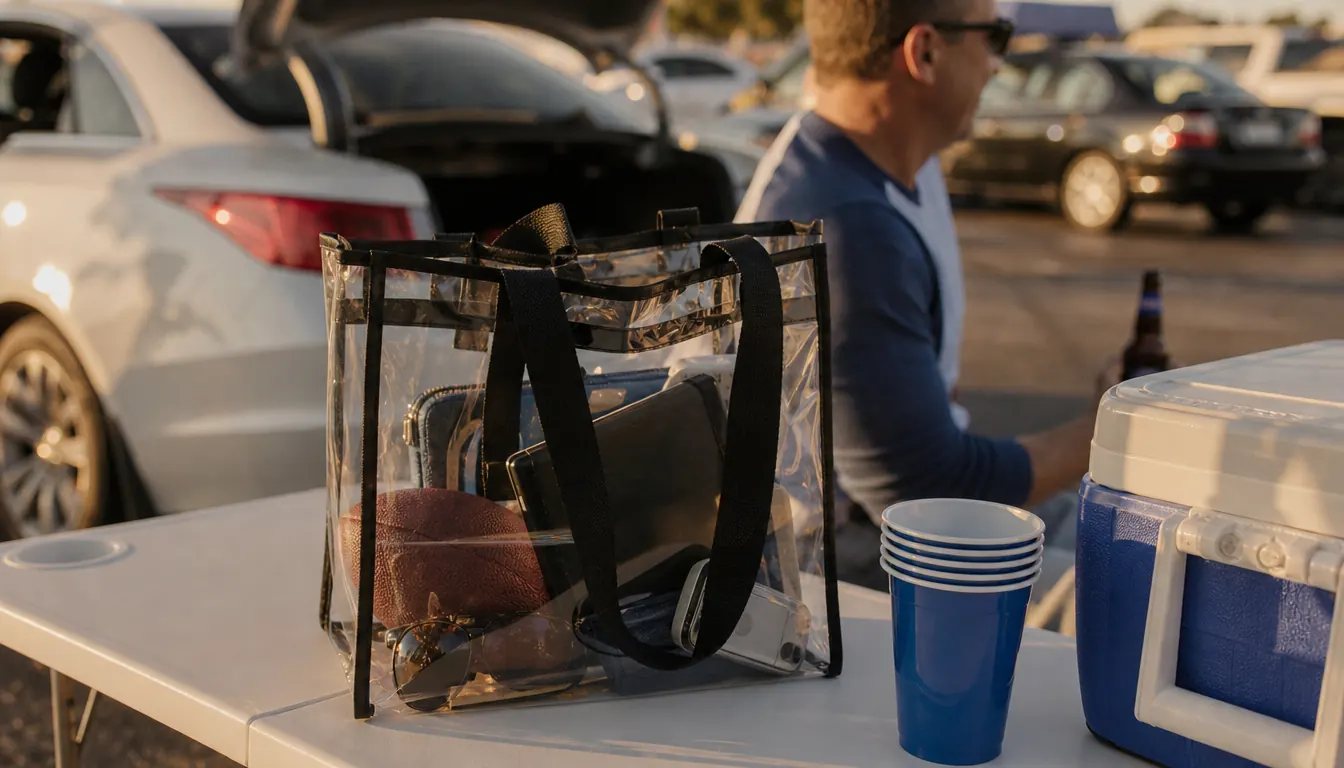 A clear tote bag on a tailgate table next to a cooler and a small stack of cups