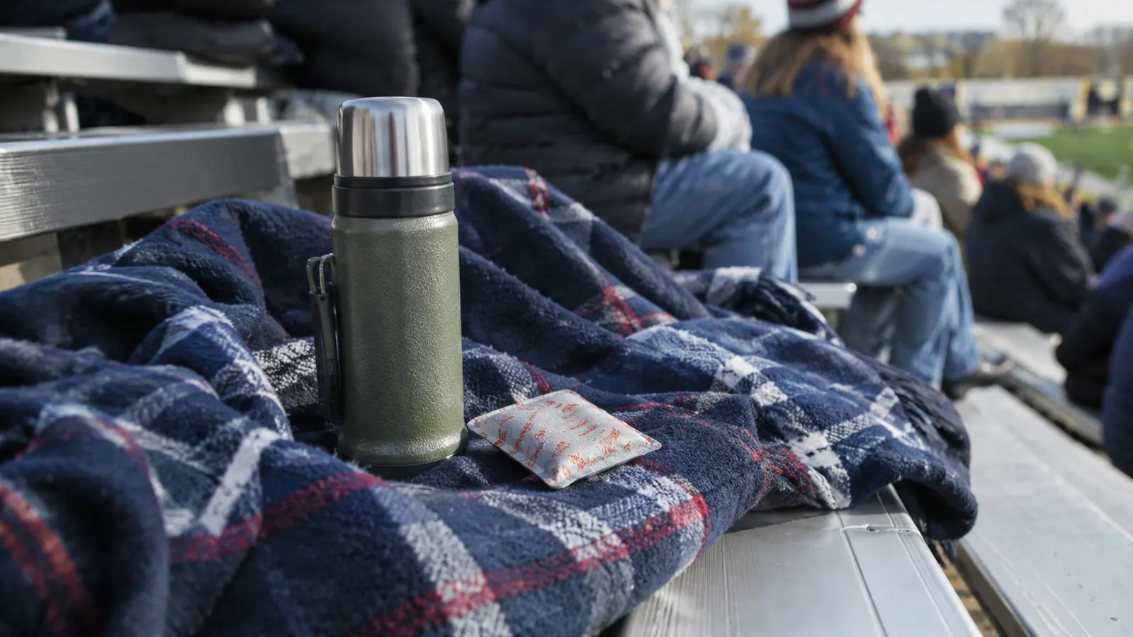 A stadium blanket spread across a bleacher seat with a thermos beside it