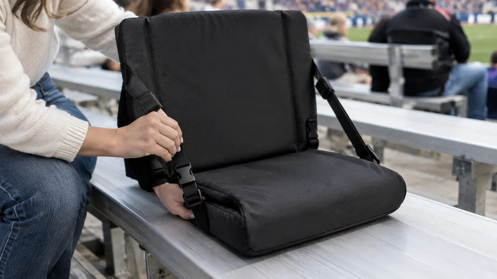 A person clipping a stadium seat onto a bleacher bench before sitting down