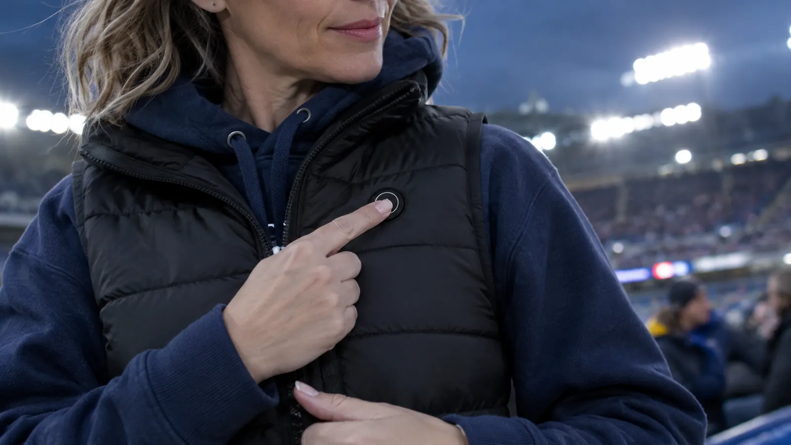 Close-up of a hand pressing a small round button on the chest of a heated vest worn over a hoodie