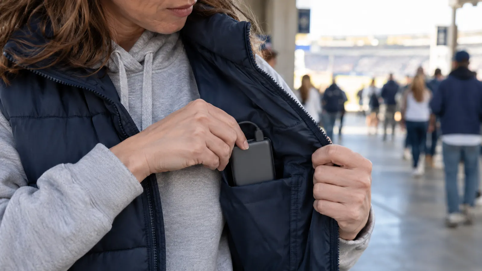 A hand adjusting a small battery pack tucked into the inside pocket of the vest worn over a team hoodie