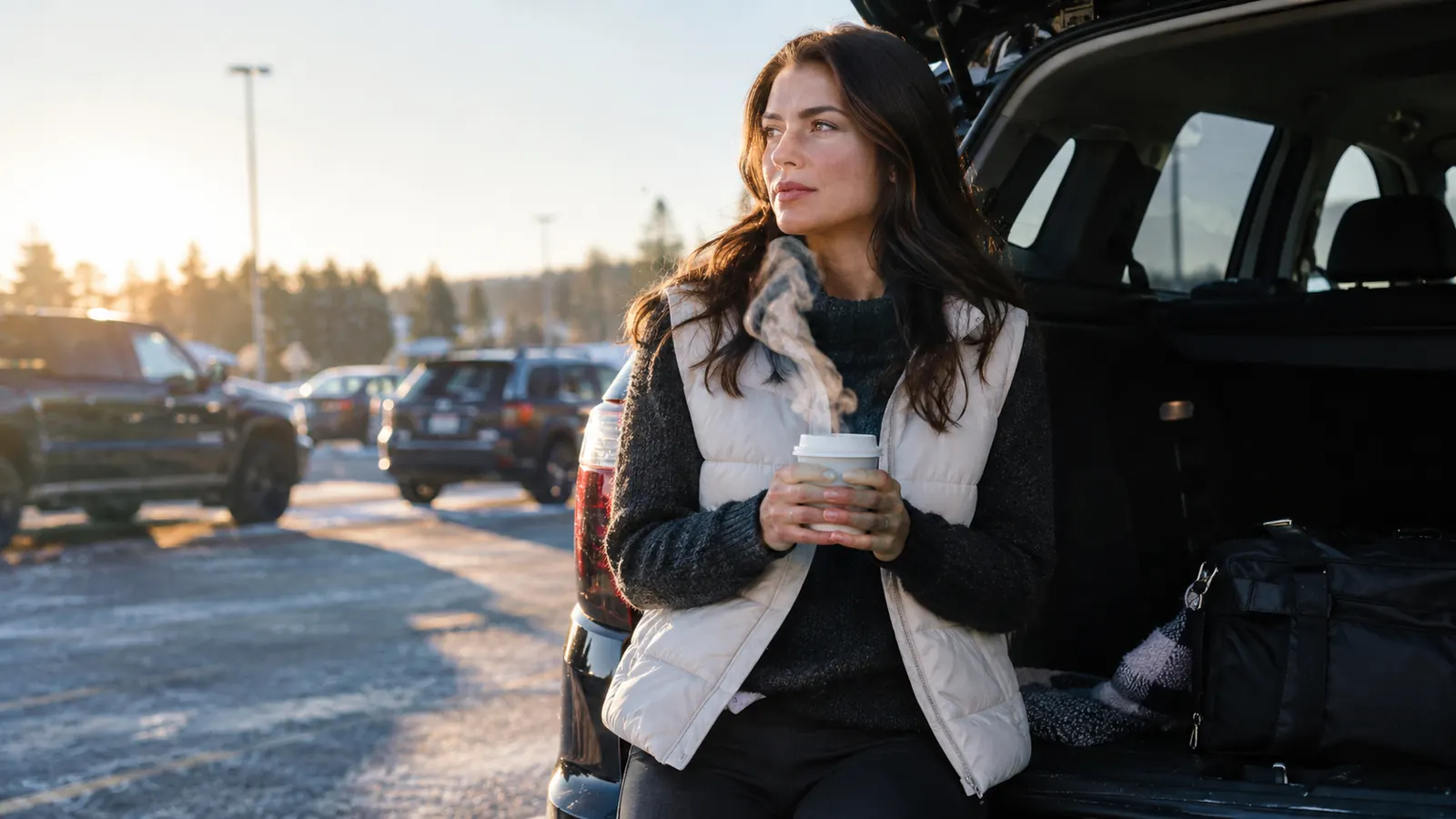 A woman in a lightweight vest leaning against the open tailgate of a midsize SUV on a cold morning, steam rising from a cup in her hands