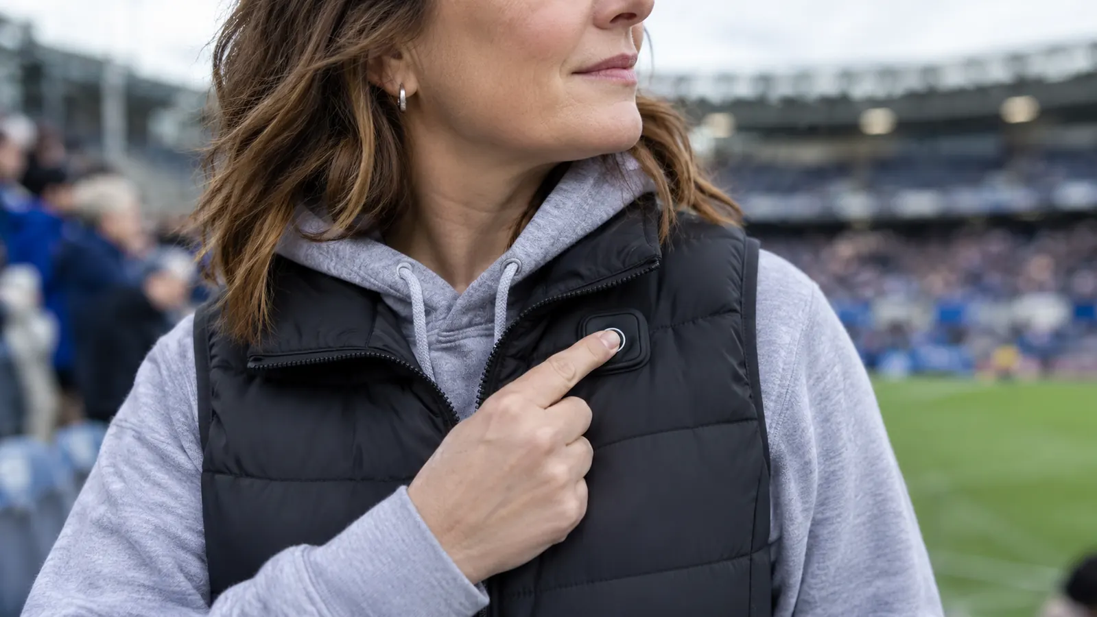 A close-up of a hand pressing a button on the chest of the vest worn over a hoodie