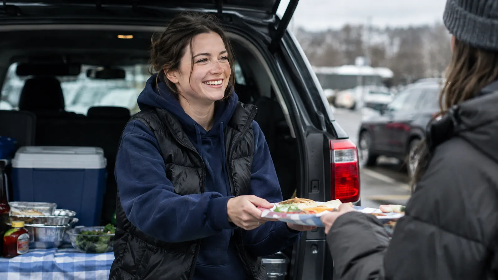 A woman in a team hoodie and a vest tailgating out of the back of a midsize SUV on an overcast winter day
