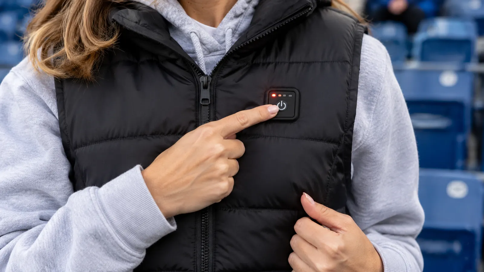 Hands adjusting the temperature controller on a heated vest worn over a team hoodie