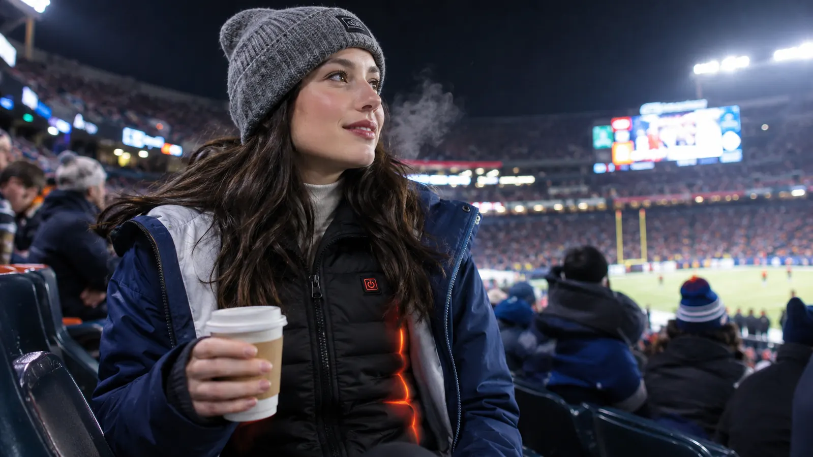 Woman in a stadium seat wearing a heated vest under an open jacket and holding a warm drink