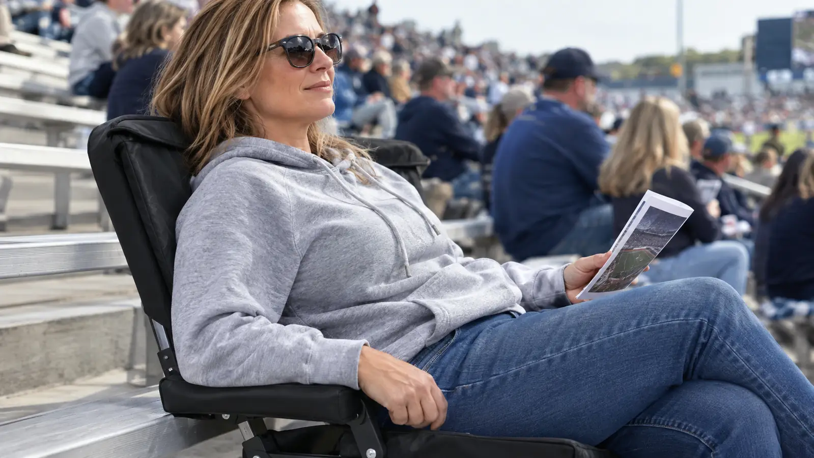 A woman in a team hoodie leaning back in a folding stadium seat with back support on bleachers, holding a game program