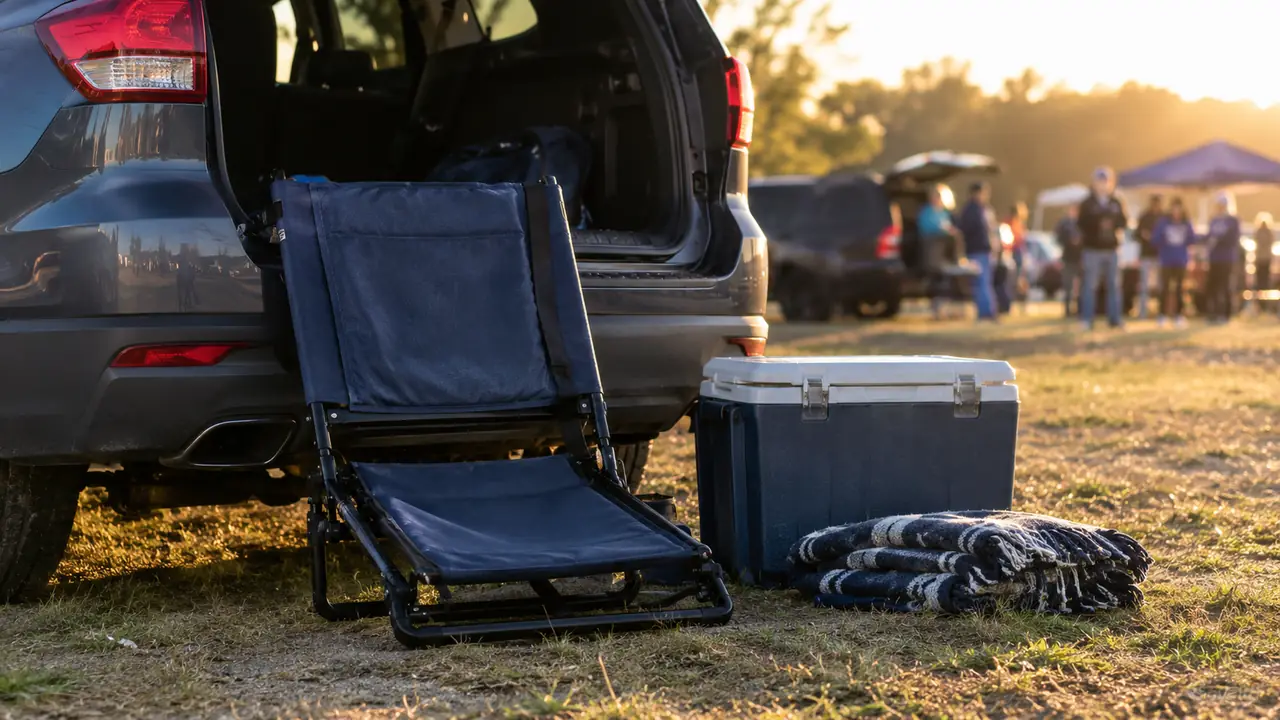 A folding stadium seat with back support leaning against the open tailgate of a midsize SUV at a tailgate, a cooler beside it