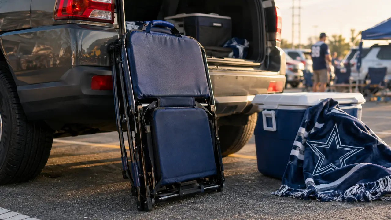 Folded stadium seat leaning against the open tailgate of a midsize SUV with a cooler nearby