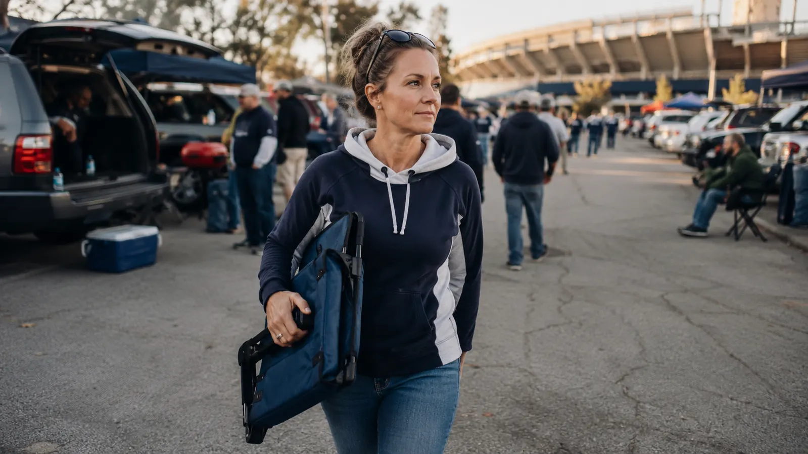 A woman in a team hoodie carrying a folded stadium seat under one arm while walking through a stadium parking lot before a game