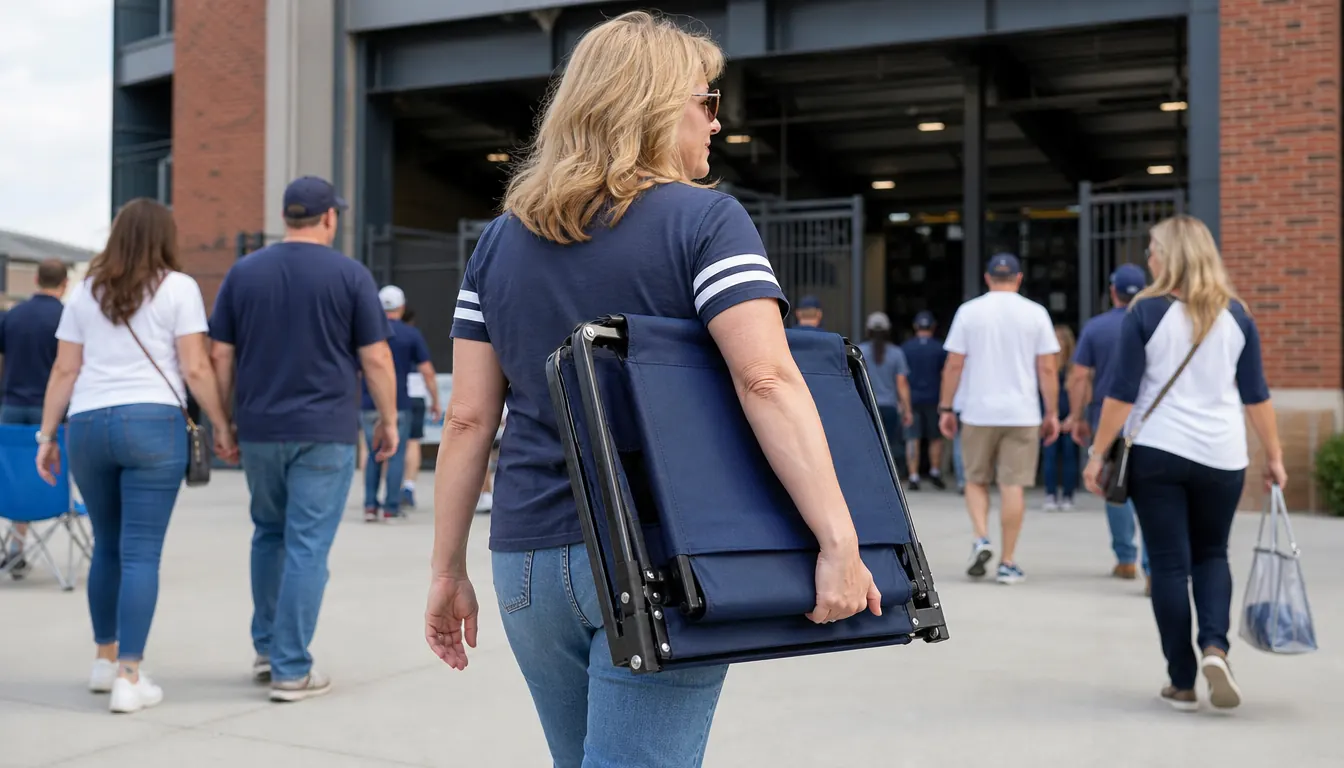A folded stadium seat with a backrest being carried into a stadium