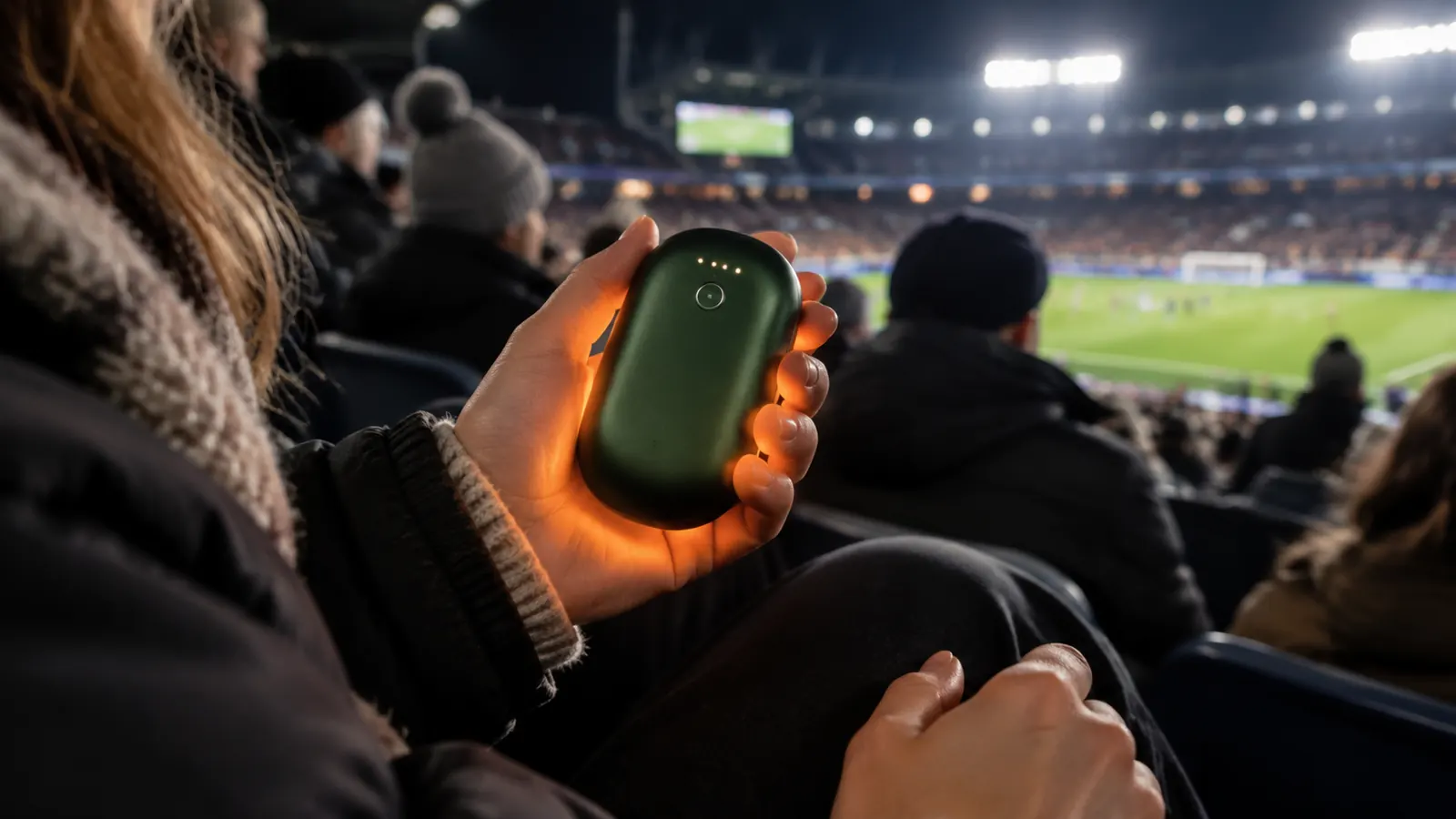 A person holding a rechargeable hand warmer in one hand at a football game