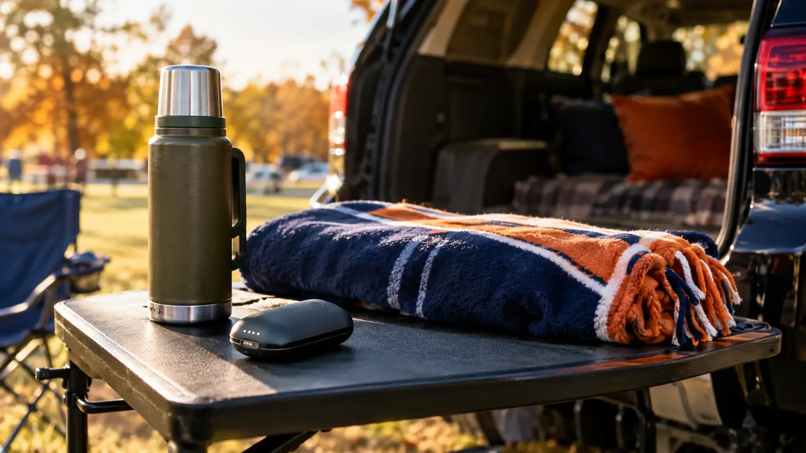 A rechargeable hand warmer resting on a tailgate table next to a thermos and a team blanket