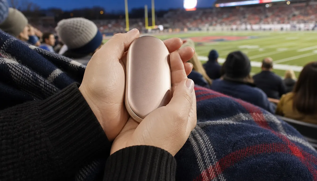 hands cupping a small rechargeable hand warmer on a stadium blanket