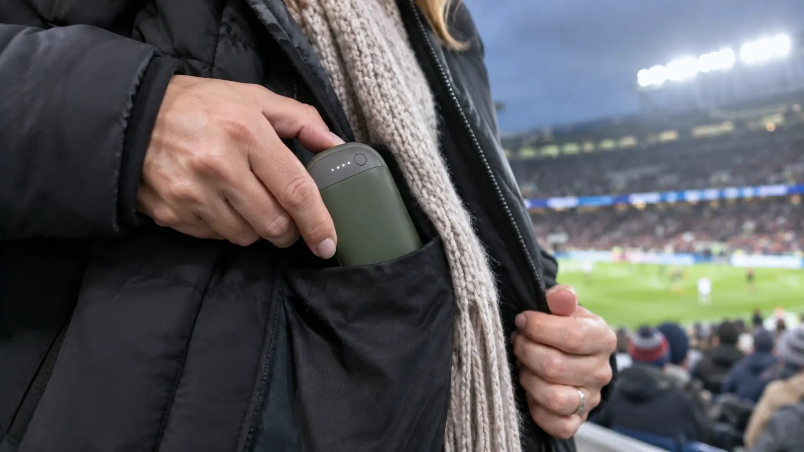 A close-up of a hand holding a rechargeable hand warmer inside a coat pocket, with stadium lights blurred in the background