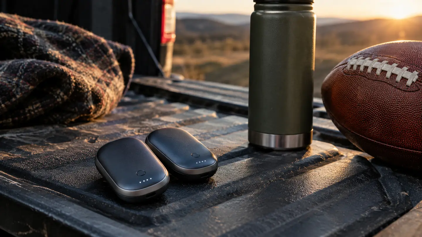 A pair of rechargeable hand warmers resting on a tailgate table next to a thermos and a football in late afternoon light