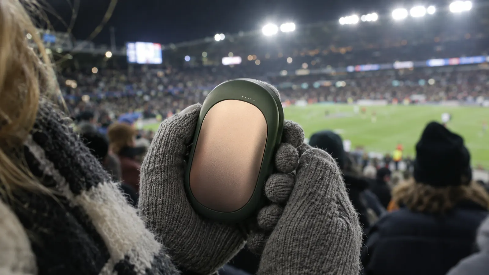 Close-up of gloved hands holding a small rechargeable hand warmer at a night game
